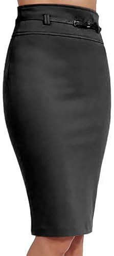 Prime fashions Women's Basic Solid Knee-Length Work Office Pencil Skirts with Belt - Professional, Stylish, and Versatile Attire Perfect for Business and Office environments (Black, M-L)