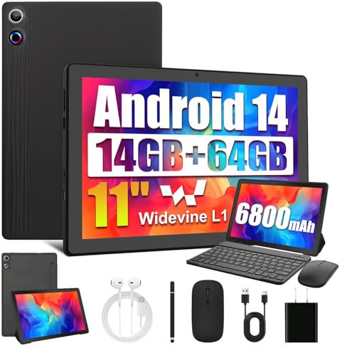 Ainmel Android 14 Tablet 11 Inch - Android Tablet with Keyboard 14GB 1TB Expand, Octa-Core Tablets 6800mAh, Widevine L1, WiFi 6, Face Unlock 2 in 1 tablet with Mouse, Case, Charger (Black)