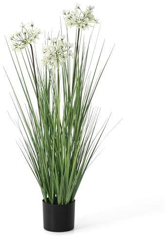 Glitzhome 39 inch Tall Artificial Onion Grass Plant, Decorative Faux Grass Plant with 3 White Flowers in Pot, Fake Plant&Flower Home Office Garden Wedding Decor