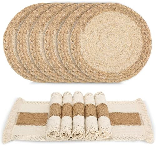 Handmade Boho Placemats Set of 6 - Natural Cotton Burlap and Water Straw Woven Combination Table Mats, Macrame Décor and Farmhouse Style Placemats, for Dining Table Kitchen (Natural, 6PC)