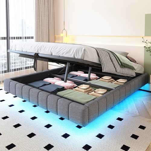 Dolamaní Doppelbett Polsterbett 160x200 cm ohne Kopfteil, Bett Schwebebettrahmen mit Stauraum, Hydraulischer Stauraumbett mit LED-Bleuchtung, Leinenstoff, Tragfähigkeit 250 kg (Grau)