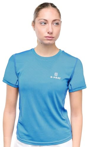 G-HEAT - T-Shirt à Manches Courtes, Femmes, Anti-UV | Protection Solaire UPF50+ | Ultra-Léger, Respirant, Rafraîchissant (FR/ES, Alpha/Lettres, S, Taille Normale, Taille Normale, Bleu Ciel)