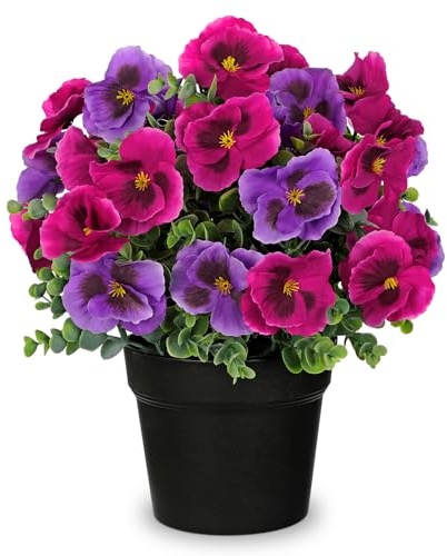 Hollyone Purple & Fuchsia Artificial Pansies in Pot, 35CM Silk Flowers for Home Decor, Fake Pansies Faux Floral Ornaments for Living Room, Shelf Decorations, Kitchen Table Centerpiece