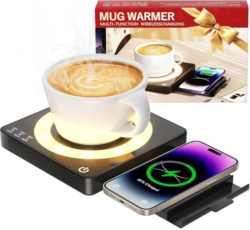 WHOLEV Coffee Mug Warmer, Smart Mug Warmer, 15W Wireless Phone Charging, 3 Heat Settings Temperature Controlled, 8H Auto Off, Candle Warmer, Safe for Heating Coffee, Beverage, Milk, Tea