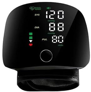 BP Monitor™ Automatique Wrist BP Monitor™ – Tensiomètre à usage domestique rechargeable avec grand écran rétroéclairé, mémoire 2 x 99, manchette réglable, diffusion vocale et étui (1 pièce)