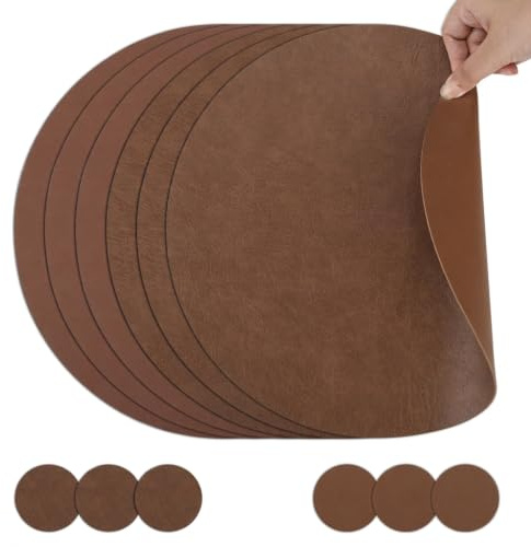 comfoyar Juego de 6 Manteles Individuales y Posavasos Doble Cara Redondo, Salvamanteles Individuales de Cuero Lavables Impermeables para Cocinas y Comedores Decoración de Mesas(Marrón, 33cm)