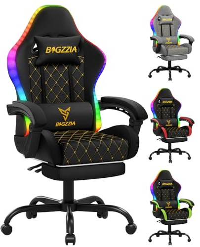 Bigzzia Gaming Stuhl mit Led, Ergonomischer Gaming Chair Schwarz | Gamer Sessel mit Lendenwirbelstütze & Fußstütze, verstellbar und drehbar, 150kg belastbar,PC-Stuhl für Erwachsene und Jungen