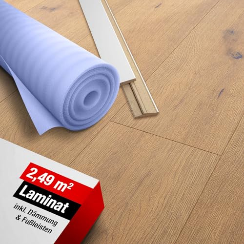 LaminatDEPOT Klick Laminatboden Eiche [2,49 m²] inkl. Trittschalldämmung & Sockelleiste, Premium Laminat mit einfachem Klicksystem, umlaufender Fuge im Dielen-Format, echter Holzoptik - Maja Eiche
