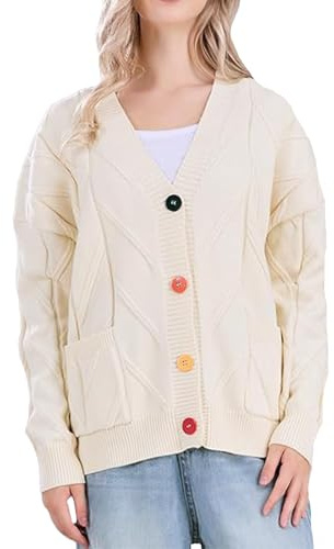 Generico Cardigan Oversize Donna Maglioni Eleganti, Pullover Scollo a V con Bottoni Maglia a Maniche Lungo Oversize Tinta Unita Aperta Davanti Cappotto per Autunno Invernale