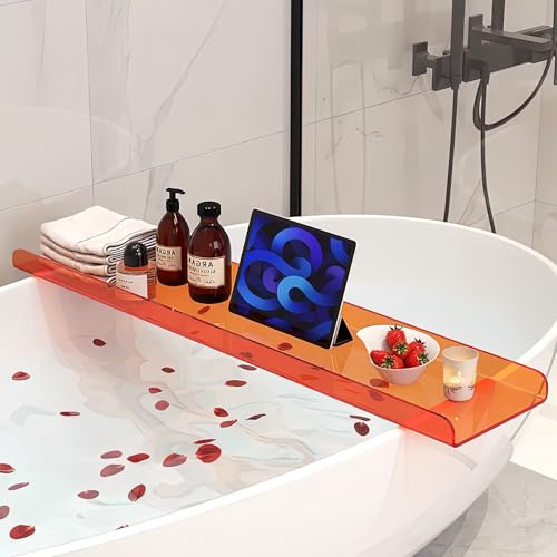 Cumeysnon Clear Acrylic Bathtub Tray Luxury Bath Tub Tray Caddy for Tub Waterproof Bathtub Shelf Organizer Bathroom Accessories Spa Relaxation Housewarming Gifts New Mom Gifts (39,Orange)