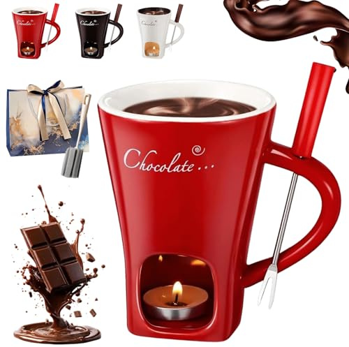 HOPASRISEE Keramik Schokofondue Tasse Mit Teelicht Und Gabeln, Portable Chocolate Fondue Cup for Desserts, Ideal Gifts for Birthday Date Night Wedding Party (Red)