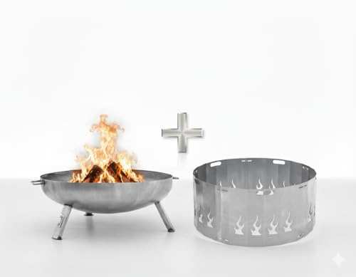 Feuerschale 64 cm mit Funkenschutz Set - Stahl-Feuerschale mit 3 Beinen und Funkenring Flammenmotiv - Unbehandelter Stahl - Garten, Terrasse, Camping - Favilla