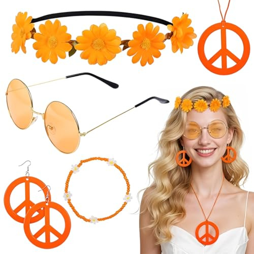 OIXYEY 1 Set 70Er Jahre Accessoires Vintage Zubehör, Hippie Accessoires, Mit Brille Friedenszeichen Halskette Stirnband Armbänder Für Damen Herren 60Er 70Er 80Er Jahre Party Karneval (Orange Farbe)