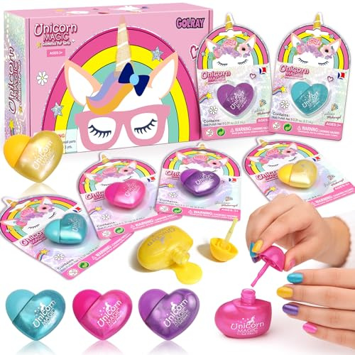 Toyssa Nagellack Kinder Set - 12er Peel Off Kindernagellack ab 3 Jahre Ungiftig mit Glitzer, Einhorn Nagelstudio für Mädchen, Abziehbarer Nagellack Schnelltrocknend für Geburtstag & Rollenspiele