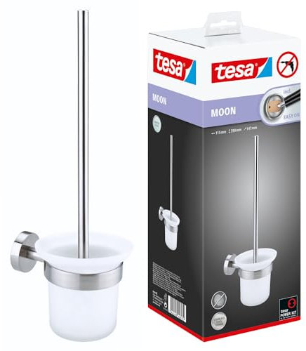 tesa Moon WC-Garnitur, satiniertes Glas und verchromter Edelstahl - Toilettenbürsten-Set zur Wandbefestigung ohne Bohren, inkl. Klebelösung - 115mm x 390mm x 147mm