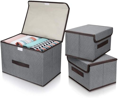 DIMJ 3Pack Fabric Storage Boxes with Lids – Multiple Size Organiser Boxes for Clothes, Bedding, Toys, Collapsible Storage Cubes with Handle, Magic Seal, Cardboard Base, Grey
