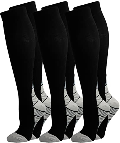 3 Pares Calcetines/ Medias de Compresión para Hombres y Mujeres, Running, Deporte, Correr, Senderismo, Volar, Viajar, Varicosas, Embarazo y Médicos (L, Gris)