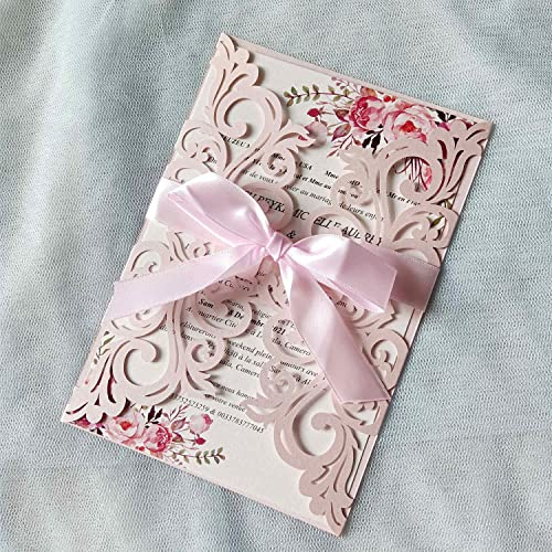25PCS Blush Pink Laser Cut Wedding Invitations Cards with Envelopes,Blank Inner Sheets,Ribbons for Wedding Bridal Shower Quinceañera Engagement Birthday Invites