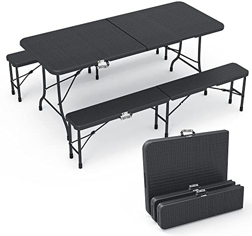 vounot Ensemble Table Pliante et Bancs Pliables Camping 180cm HDPE Style Polyrotin 8 Places Fonction Portable Convient pour la Terrasse, Le Camping, Le Jardin, Pique-Nique Noir