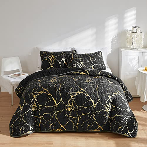 HAVOP Tagesdecke für Doppelbett, gesteppt, goldfarbener Marmor, bedruckt, luxuriös, weiche Mikrofaser, leicht, Tagesdecken-Set für alle Jahreszeiten, Schwarz