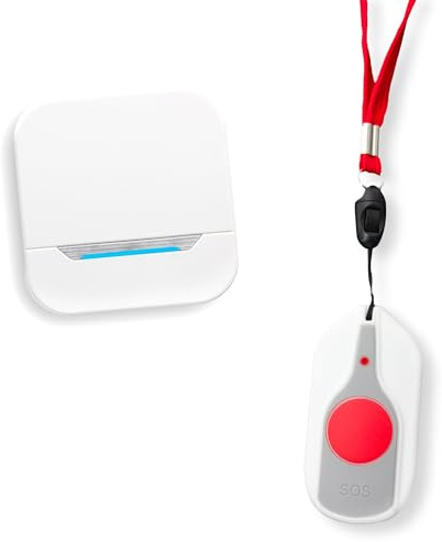 FISHTEC Alarme D'Assistance SOS avec Récepteur sur Secteur - Bouton d'Appel, sans Fil pour Personne Agée, Handicapé, Les Femmes Enceintes ou Malades, 36 Mélodies, Portée de 100m Blanc