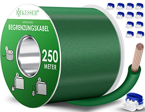 KESSER® Begrenzungskabel 250m + 12 Kabelverbinder für Mähroboter Rasenmäher Rasenroboter Zubehör Set Begrenzungsdraht Universal für Suchkabel kompatibel mit Gardena/Bosch/Worx/Einhell/Honda/ROBOMOW