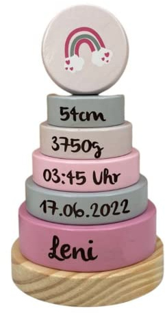 KIDSLINO Regalo di nascita Torre impilabile arcobaleno rosa I Regalo per la nascita I Inciso I Torre impilabile con nomi e date di nascita I Regali personalizzati per bambini