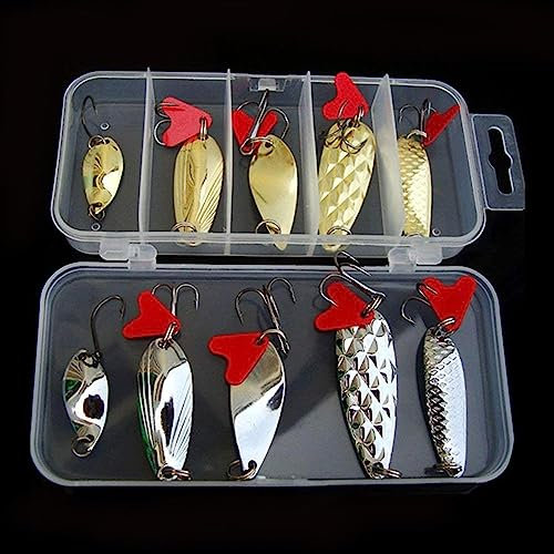Meeresangel Spinner Set, 10 Stück Metallköder zum Meeresangeln, Metall Pailletten Spinner Angelköder mit Box für Barsch, Makrele, Forelle, Bluefish (5 Stück Gold & 5 Stück Silber)