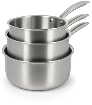 MENASTYL - Lot de 3 casseroles inox Triply 18/10 tous feux dont induction fabriquées en France - sans PFAS ni substances nocives - Compatibles lave-vaisselle - 16, 18, 20cm - Poignée rivetée - 6014202