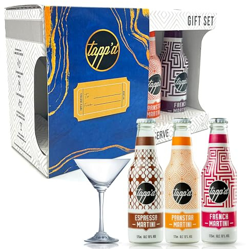 Tapp'd Martini Moments Gift Set - Ready To Drink Bottled Cocktails 10% ABV - Passionfruit, Raspberry & Espresso Martini with Martini Glass (3 x 175ml Bottles)