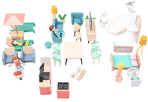 URFEDA 40 Stück Puppenhaus Puppenfamilie Set mit Puppen Families Figuren Puppenhaus Möbel Holz Wohnzimmer Puppenhaus Zubehör Rollenspiel Spielzeug Kinder Spiel Geschenk für Mädchen Jungen