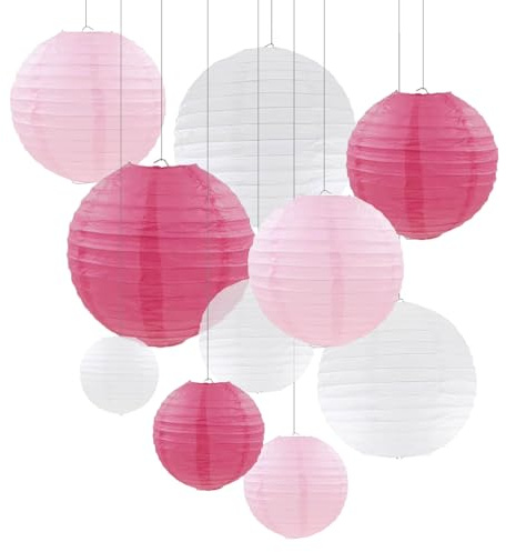 ZYOOO 10 Stück Rosa Weiße Papierlaterne Lampion rund Lampenschirm (Set 3 Farben à 25cm, 20cm，15cm,10cm) Lampions Hochzeit,Deko Gartenparty,Bride to Be Deko