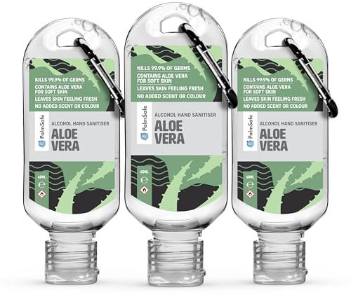 Palm Safe Aloe Vera 3 Pack 60ml Anti Bacterial Premium Hand Sanitiser Travel Size Refillable Clip Bottle Quick Drying Non Sticky Extra Moisturising Kills 99.9% of Viruses and Bacteria