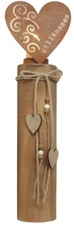 Windlichtsäule Herz aus Holz & Metall mit Echtrost, 44 cm hoch, Holzsäule, Dekosäule mit Kerzenglas, Bodenwindlicht, Kerzensäule mit Glas-Windlicht
