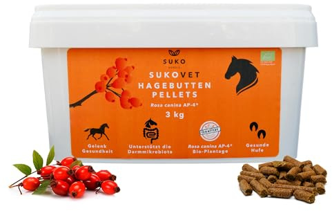 SUKOVet Bio Hagebutten Pellets für Pferde, 3 kg I Natürliche Gelenk- & Immunsystem für Pferde mit Hagebutten I Omega 3 und Omega 6 I Reich an Ballaststoffen I Bio Pferdefutter