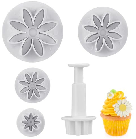 Daisy Fondant Cutter, 4PCS Flower Plunger Cutters, 8Petals Daisy Cookie Cutter, Flower Cookie Cutter, Summer Cookie Cutters, Decorating Mold Tools for Biscuits, Sugar Cubes, Chocolate