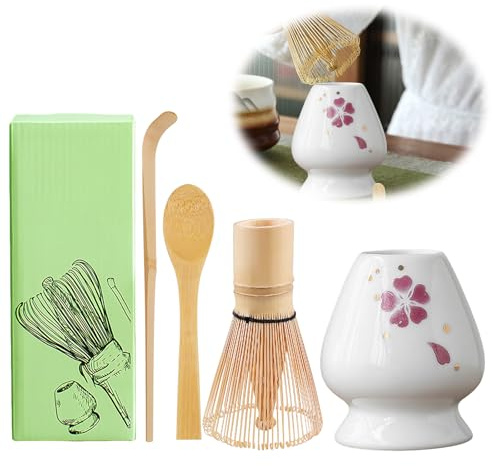 Set di 4 scope Matcha, set da 4 fruste per matcha, con 2 cucchiai per matcha, supporto per cerimonia tradizionale del tè giapponese (rosso)