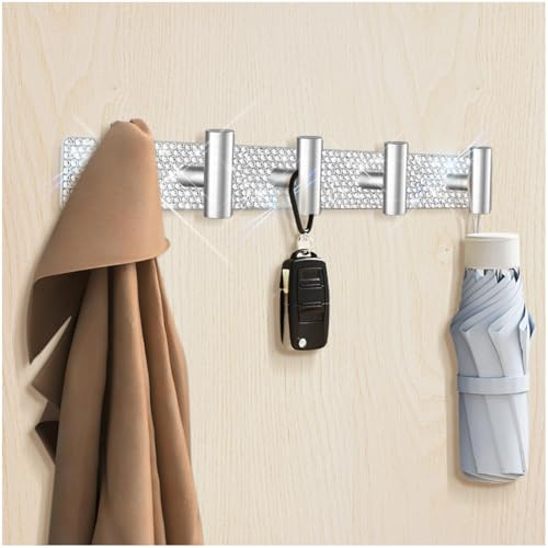 GUFONKOD Bling Wandhalter für Hut und Mantel, 5 Haken mit silbernen Rhinsteinen, Glitzer-Haken, Kleiderbügel, Organizer für Bademäntel, Taschen, Schlüssel und Handtücher, Badetuch (1 Stück)