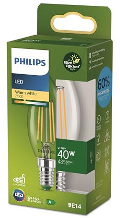 Philips Classic ultra-efficient LED ampoule classe énergétique A, équivalent 40W, culot E14, candle, clair, éclairage blanc chaud (2700K), 1 pack, nouvelle génération