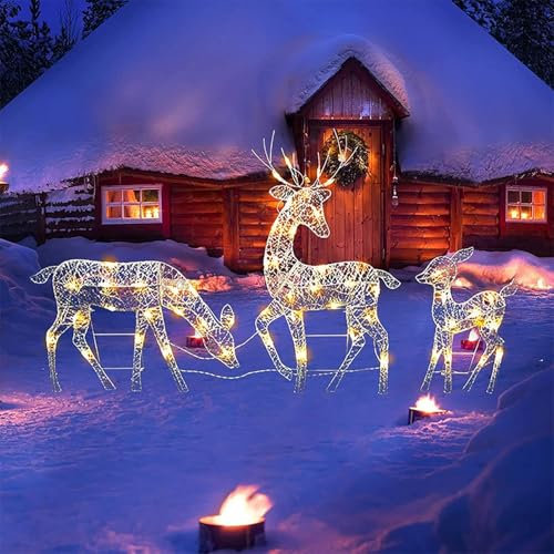 Rentiere Weihnachten Deko Aussen, 3 Stück 2D LED Rentier Familie, Beleuchtetes Rentier Weihnachtsfigur, Weihnachtsbeleuchtung Hirsch Deko, Stehende Elchverzierung Für Hof, Rasengarten