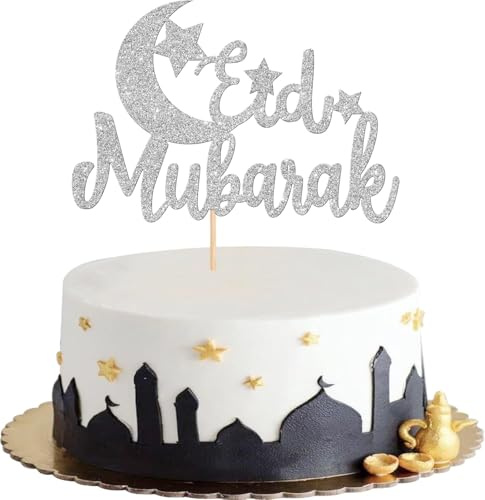Eid Mubarak Tortendeko,Eid Mubarak Cake Toppers,Ramadan Kareem Kuchendekoration Topper Für Das Islamische Muslimische Festival Kareem Ramadan Cupcake Dekorationen Lieferungen (silbrig B)