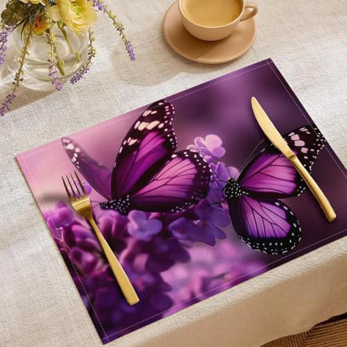 Juego De 8 Manteles Individuales Mariposa, Lila 45X30Cm Resistentes Al Calor Lino Manteles Individuales Diseño De Animales De Fantasía para Banquetes Primavera Pascua Decoración