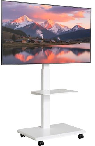 ECOTINY TV Ständer Rollbar aus Stahl für 37-75 Zoll bis 50kg,VESA 600x400 | Höhenverstellbarer Schwenkbar Neigbar Fernsehständer mit Ablage, Versteckter Kabelverwaltung, ±3° Niveauanpassung, Weiß