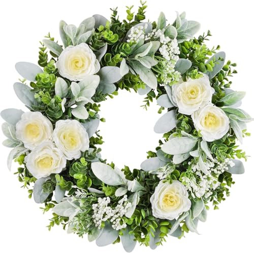 COLORSPEC Artificial Door Wreath Summer Wreaths for Front Door with White Roses 20 /50cm Boxwood Eucalyptus Front Door Wreath for Inside&Outside Windows Farmhouse Wedding DECOR