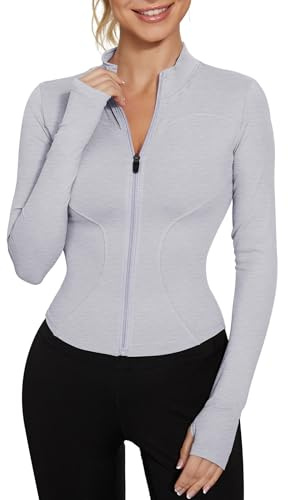 IECCP - Maglietta da donna per palestra, top sportivo, yoga a maniche lunghe, crop top sportivo, leggero, fitness con mezza zip e foro per il pollice, S