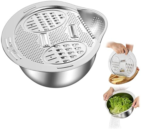 Râpe plate en acier inoxydable pour râpe fine, moyenne et grossière, et trancher, râpe à fromage à légumes avec bol à riz, passe au lave-vaisselle (râpe avec bol passoire)