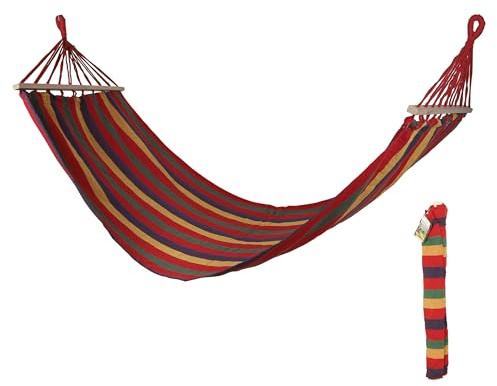 Hängematte mit Holzstange für 1 Person - strapazierfähiges Baumwoll-Mischgewebe - 200 x 80 cm - Hängematte für den Garten - Stabhängematte Farbe Rot/Gelb