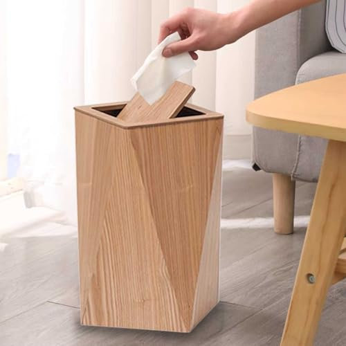Petite poubelle en bois, corbeille à déchets style ferme, poubelle de recyclage rustique en bois avec couvercle pivotant pour salle de bain, chambre à coucher, bureau, salon(Original Wood,21.5x21.5x40