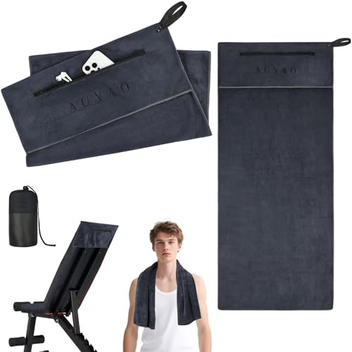 AUYAO Gym Towel Sports Fitness Towel Gym Sweat Towel with Zip Pocket 40 x 90cm Sunlounger Towel Absorbent Towels Sports Towel with Non-Slip Cover for Camping Yoga Training Outdoor