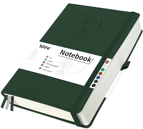 Mlife A5 Linjerat Anteckningsblock Med Livets Träd-Motiv, 360 Sidor, 100 G/M² Linjerat Papper, Anteckningsblock Med Pu-Omslag, Resårband, Pennhållare, 3 Bokmärken, 14,6 * 21,3 Cm (Mörkgrön)